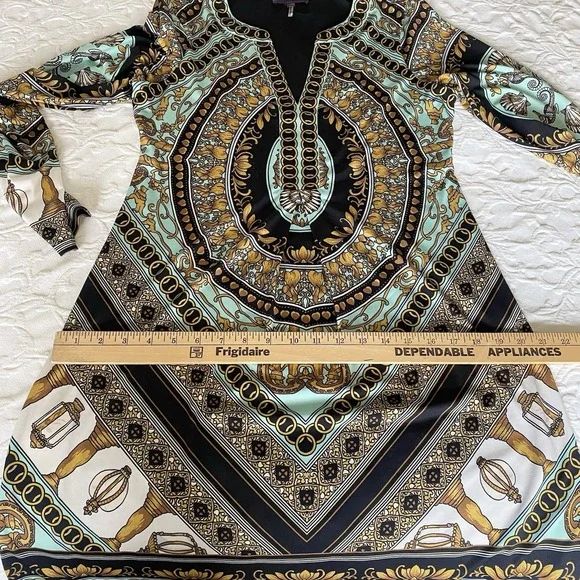 Hale Bob Shift Dress Women M Multicolor Geo Floral Equestrian Print Pullover L/S - Picture 7 of 11